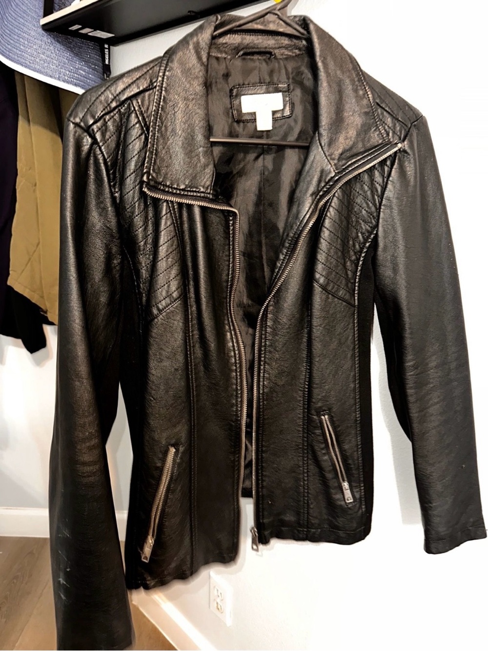 Style & Co. Black Quilted-Shoulder Leather Zip Jacket